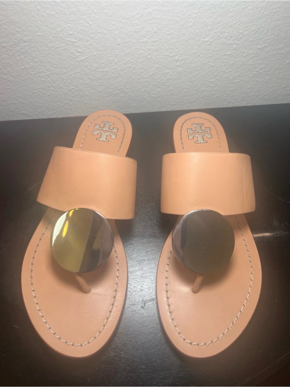 Tory Burch Tan Leather Slide Sandals with Silver Disc